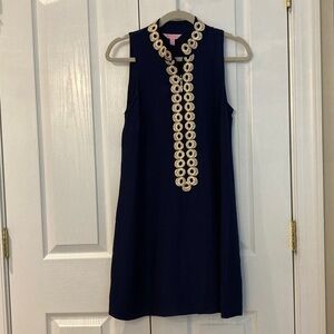 Lilly Pulitzer Navy À-line Dress w/Gold Embroidery Size 4
